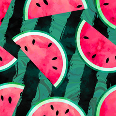 Fruity seamless vector pattern with watercolor paint textured watermelon pieces. Striped and marble background.