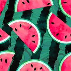Fototapete Wassermelone Fruchtiges nahtloses Vektormuster mit strukturierten Wassermelonenstücken der Aquarellfarbe. Gestreifter und Marmorhintergrund.