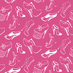 Vector shoes seamless pattern. Footwear endless texture in sketch style.