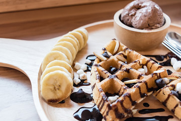 delicious sweet dessert : homemade waffle with chocolate sauce