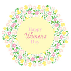 Fototapeta na wymiar Happy Women's Day. March 8. Flower and herbage wreath. Design for a holiday sale, greeting cards, flyers, invitations.
