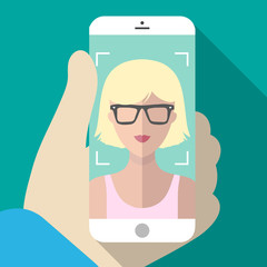 Vector illustration of selfie on mobile phone in trendy flat style. Vector icon of girl taking picture on smartphone.