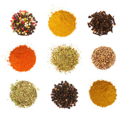 Colorful spices and herbs for cooking background and design isolated