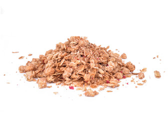 Crispy cereal mixed with raspberries, strawberries isolated on white background.