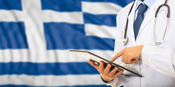 Doctor on Greece flag background. 3d illustration