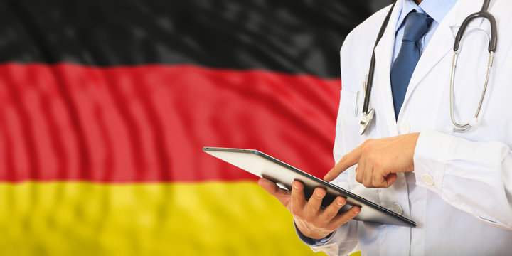 Doctor on Germany flag background. 3d illustration