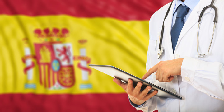 Doctor on Spain flag background. 3d illustration