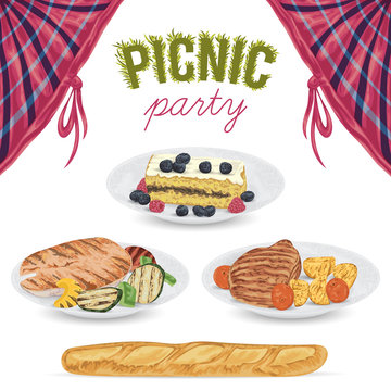 Collection of picnic food. Grilled meat, fish, vegetables, baguette, cake with blueberry and raspberry. Isolated elements. Design concept for picnic or barbecue party. Vector illustration