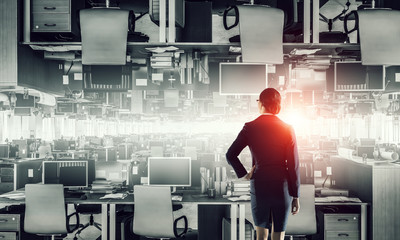 Corporate workplaces equipped by modern equipment . Mixed media