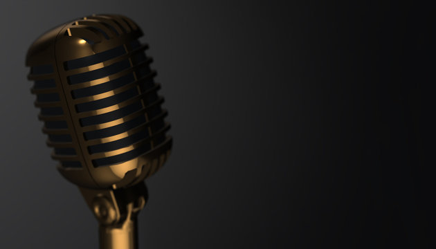 Retro gold microphone. 3d render