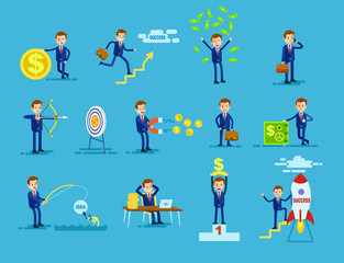 Set of Businessmen Achieving Success Money Concept