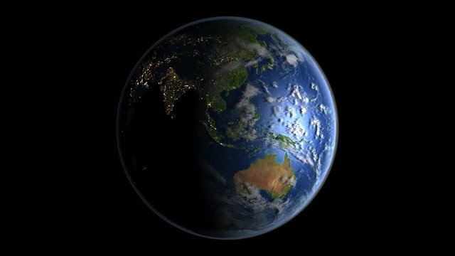 Satellite view of planet Earth rotating with night on the left side. High quality surface texture, visible relief and city lights. Seamless loop. 4K PNG format with transparent channel included.
