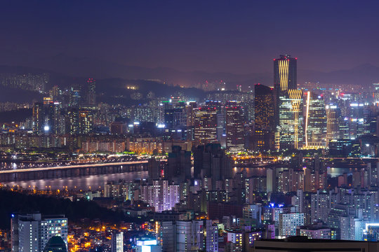 Skyscraper of Seoul city skyline at night, South Korea