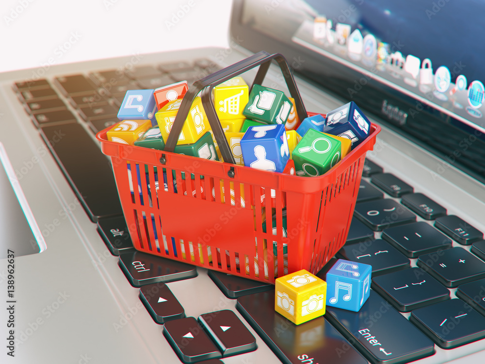 Aufkleber Laptop computer application software icons in the shopping basket. Store of apps concept.