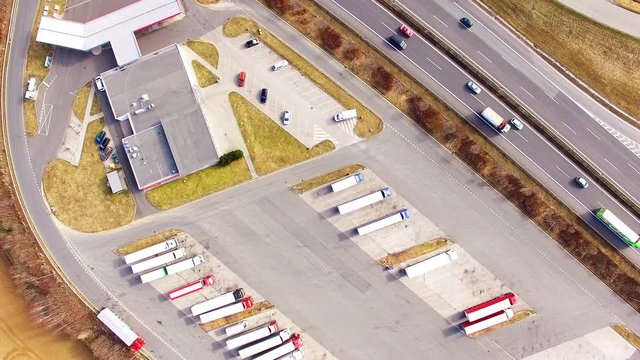 Aerial view of highway D5 gasoline station with parking nearby Pilsen, Czech republic, Central Europe. Transportation concept.