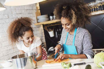Mother and daughter cooking
