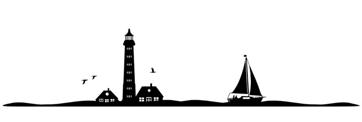 Silhouette Leuchtturm und Schiff