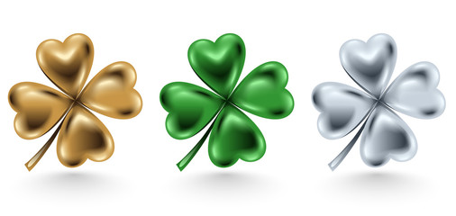 Golden, green and silver clover leaf isolated on white background, vector illustration for St. Patrick day. Four-leaf jewelry 3d design - 138967063