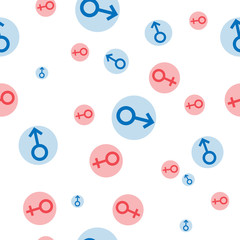 Seamless pattern. Sex symbols. Gender woman and man flat symbols. Color Female and Male abstract symbols different sizes. Vector Illustration