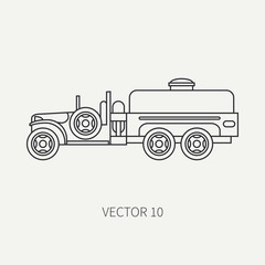 Line flat plain vector icon service staff refueller army truck. Military vehicle. Cartoon vintage style. Cargo transportation. Tractor unit. Tow auto. Simple. Illustration and element for your design.