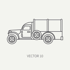Fototapeta premium Line flat plain vector icon tarpaulin wagon army truck. Military vehicle. Cartoon vintage style. Cargo and soldiers transportation. Tractor unit. Tow. Simple. Illustration and element for your design.