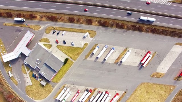 Aerial view of highway D5 gasoline station with parking nearby Pilsen, Czech republic, Central Europe. Transportation concept.