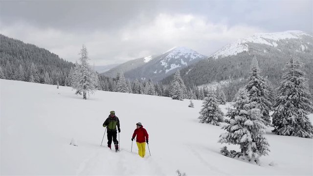 Couple of travelers goes on snowshoes for alpine meadow during a snowfall, on the background of mountain slopes covered with pine forest and snow-capped peaks. Magic adventure in wild. Slow motion.