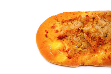 bread fill dried shredded pork and salt egg yolk on white background