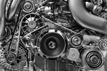 Fototapeta Car engine, concept of modern vehicle motor with metal, chrome, plastic parts, heavy industry, monochrome  obraz