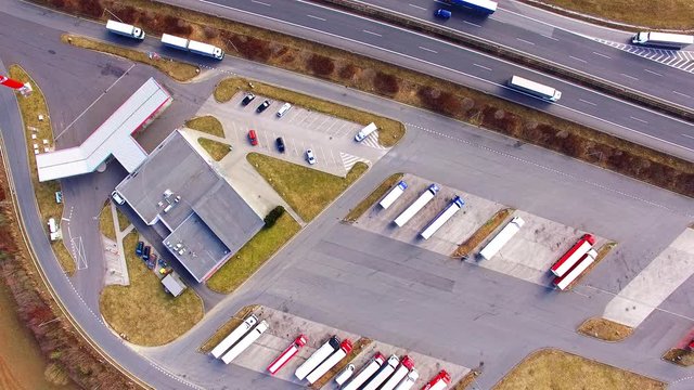 Aerial view of highway D5 gasoline station with parking nearby Pilsen, Czech republic, Central Europe. Transportation concept.
