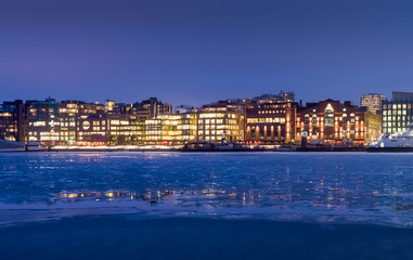 Aker Brygge in the winter. Frozen sea. Oslo, Norway