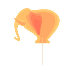 Caramel candy on a stick in the form of elephant. Festive sweet snack for children on holidays.