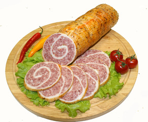 salami, snacks, vodka, masculine food, meat appetizer, original recipe sausages, original salami with layers of bacon, pork sausage, sausage and hot dogs, smoked sausage, snacks for the festive table,