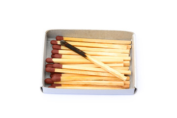 Laid used matchsticks isolated on white background