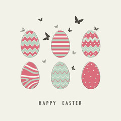 Cover design. Depicted six decorative eggs different design with two color green and pink. Phrase happy Easter on the beige background. Depicted butterfly grey color on the beige background.