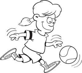 Black and white illustration of a girl playing basketball.