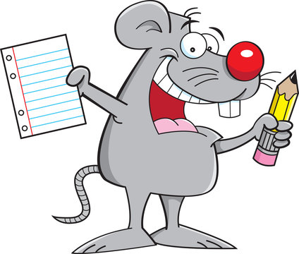 Cartoon mouse holding a paper and pencil.