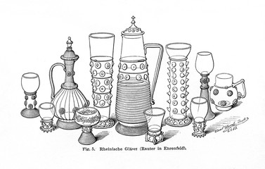 Glassware from Rheinische Glashütten (Oskar Rauter) (from Meyers Lexikon, 1895, 7/626/627)
