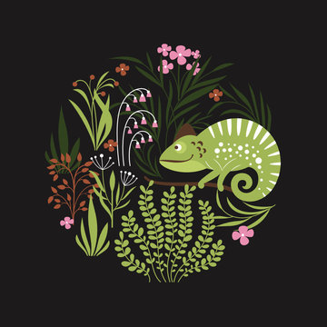Exotic illustration with chameleon and tropical flowers