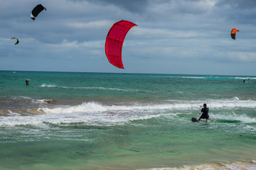Kitesurfing on Fuerteventura Island, Spain.