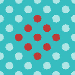 Blue background with circular brush strokes. Seamless polka dot pattern. Red spots allocated in the form of a rhombus.