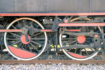 Close up of old steam locomotive wheels.