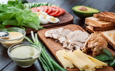 Ingredients for a tasty and delicious turkey sandwich with chicken and vegetables