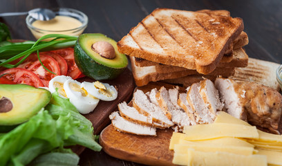 Ingredients for a tasty and delicious turkey sandwich with chicken and vegetables