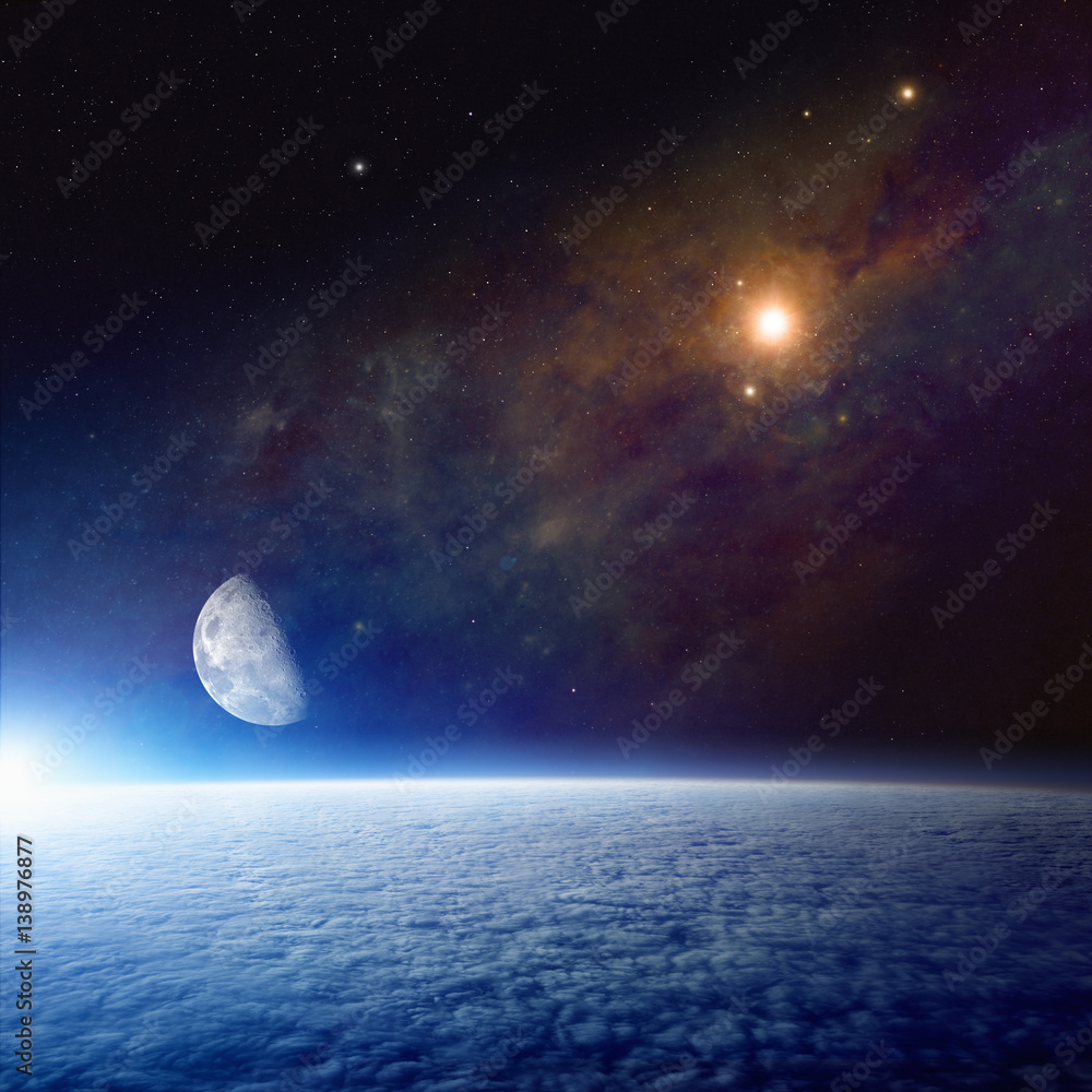 Wall mural abstract space background with earth, moon and supernova