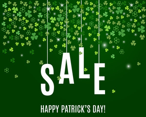 Patrick's day sale banner template with shamrock leaves on dark green background. Shop market poster for your holiday design. Vector illustration