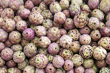 green background of artichokes for sale in Italian market