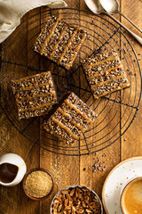 Fudgy brownies with nuts and caramel