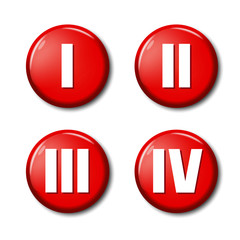 Set of red round button icons with roman numerals 1, 2, 3, 4. Circle label for sport competition places, rating levels. Design elements on white background with transparent shadow. 