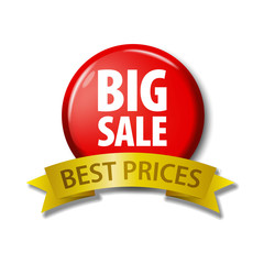 Bright red round button and gold ribbon with words 'Big Sale - Best Prices'. Plastic circle label with discount offer. Realistic vector illustration. Design elements on white background with shadow. 